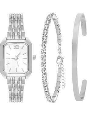 Women's Silver Jewelry Stainless Steel Diamond Bangle Bracelets Set Square Watch